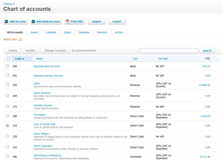 Xero Chart of Accounts