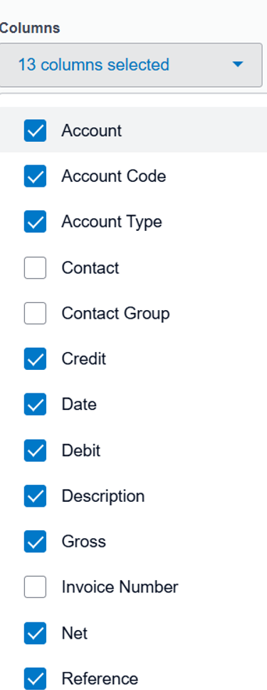 Xero screenshot showing the selected columns