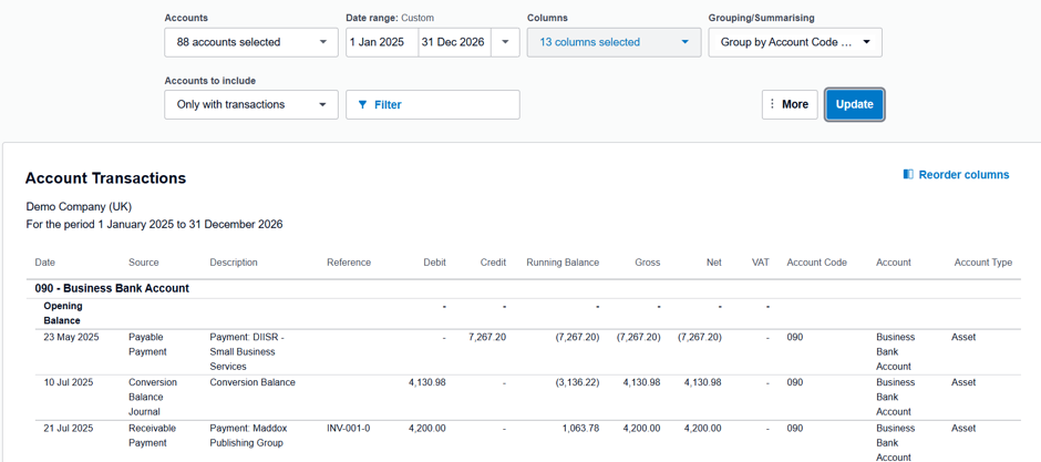 Xero Account Transactions screenshot