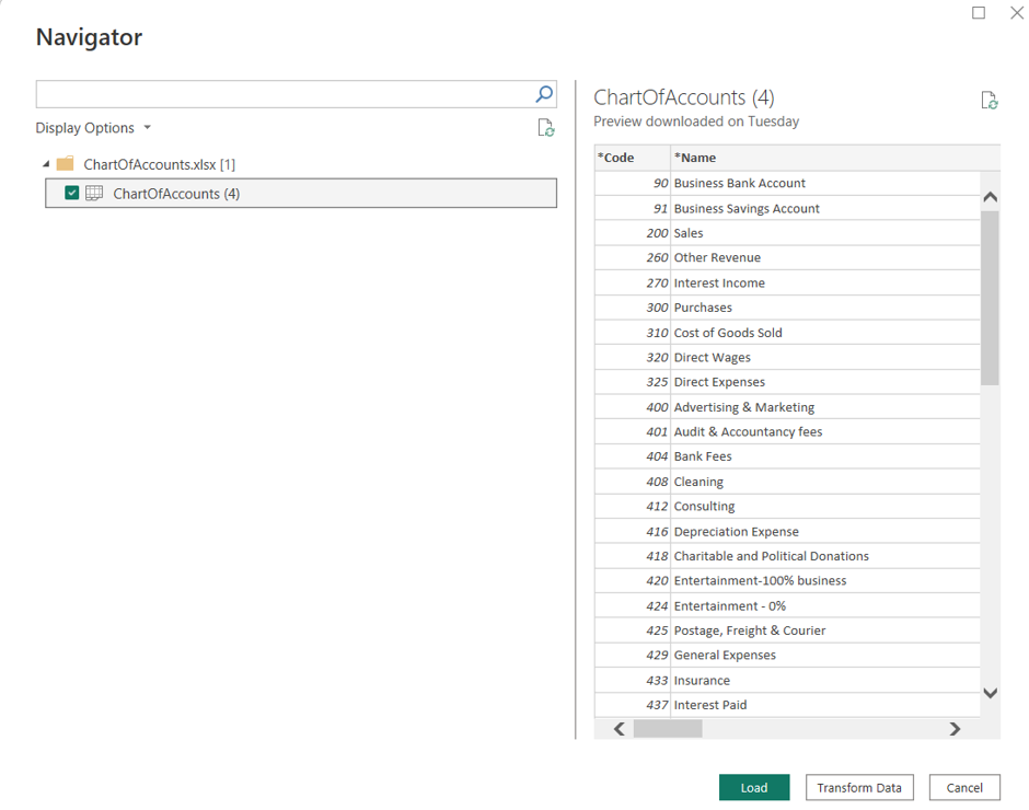 Chart of Accounts load into Power BI