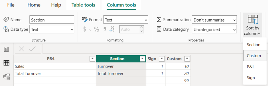 Section column sort by column Custom