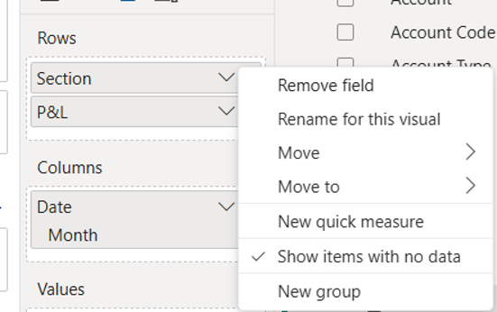Power BI screenshot showing Show items with no data selected