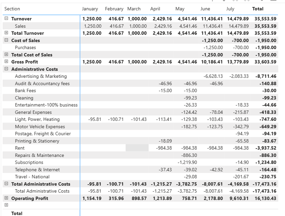 Power BI matrix visual with expanded rows