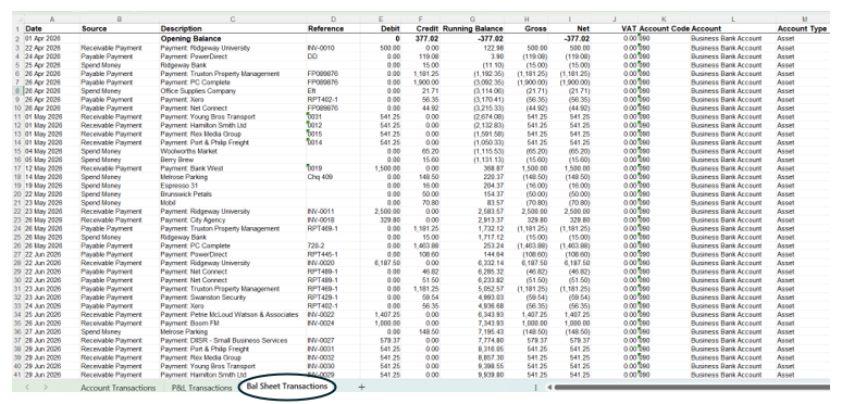 Balance sheet transactions in Excel