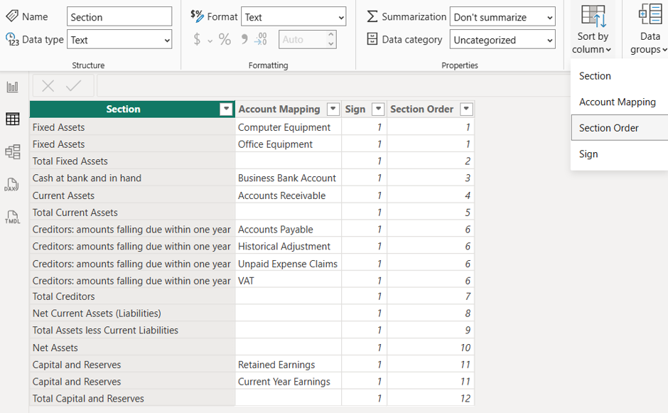 Mapping table sorted by the section order column