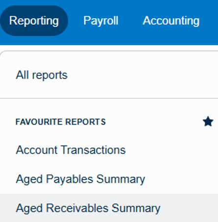 Xero Reporting Tab with Aged Receivables Summary selected