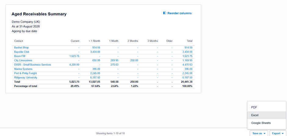 Export Aged Receivables Summary to Excel