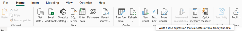 Power BI ribbon with New Measure selected