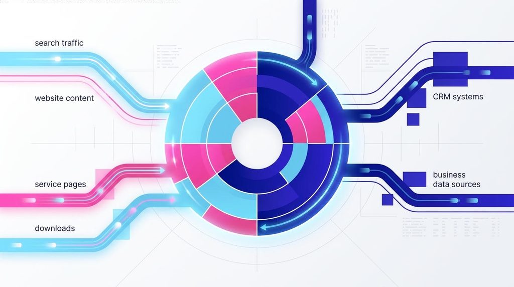 Illustration of multiple customer data sources being connected to build a better understanding of customer journeys and behaviour.