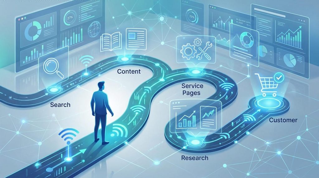 Customer journey analytics visualisation showing how website visitors move from search and content engagement to enquiry and customer conversion.