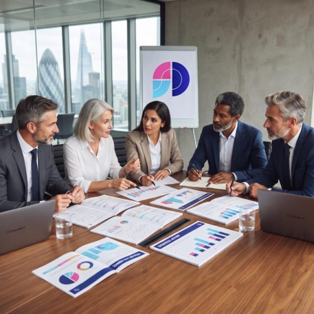 Leadership team reviewing management reports and business performance data during a management information health check workshop, with reporting documents displayed on a boardroom table and the Select Distinct logo visible on a presentation board in the background.
